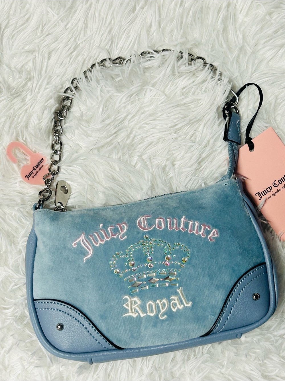 Juicy Couture Light Blue Velvet Mini Bag with Crystal Crown